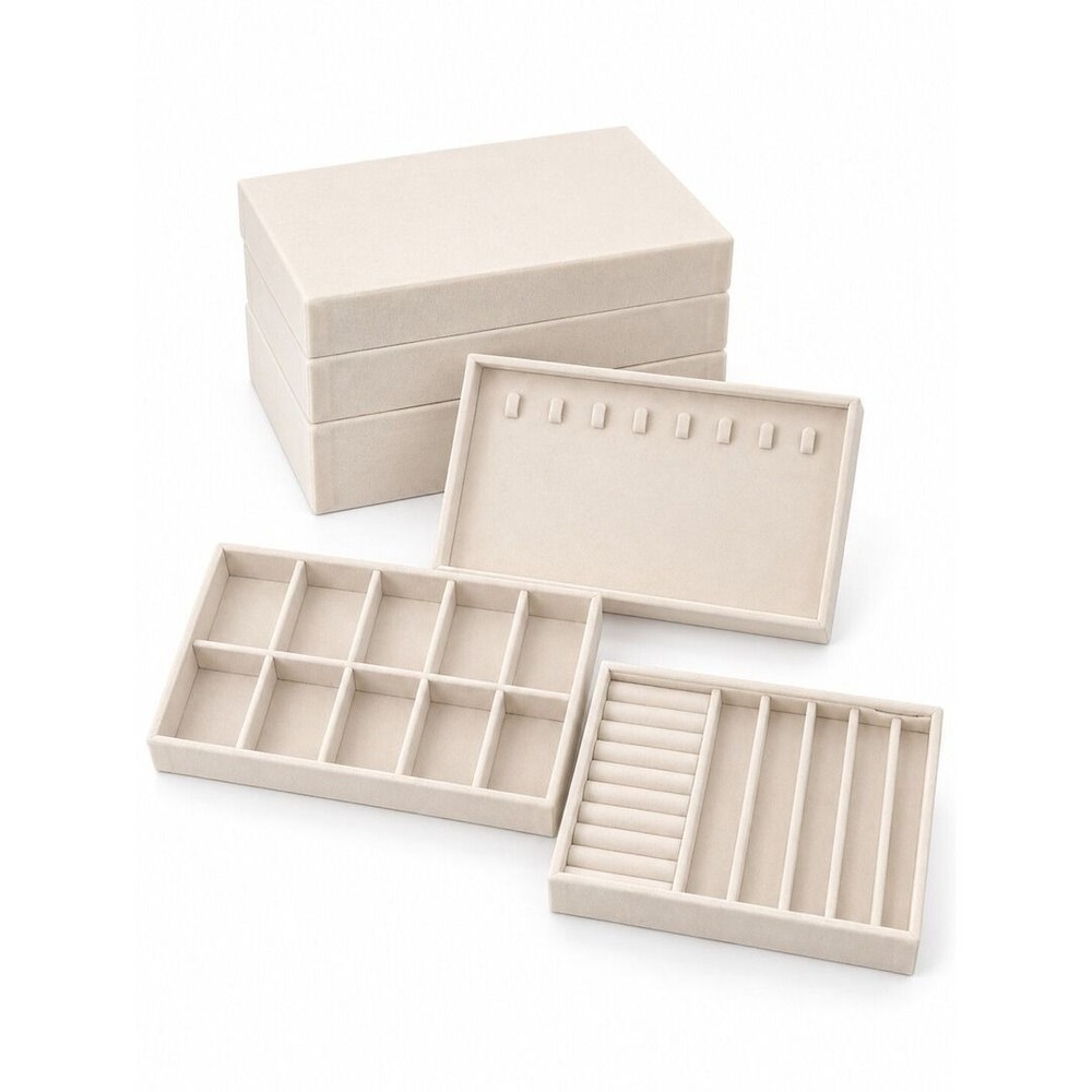Velvet Jewelry Organizer Trays Beige Stackable Drawer Inserts 3 Piece